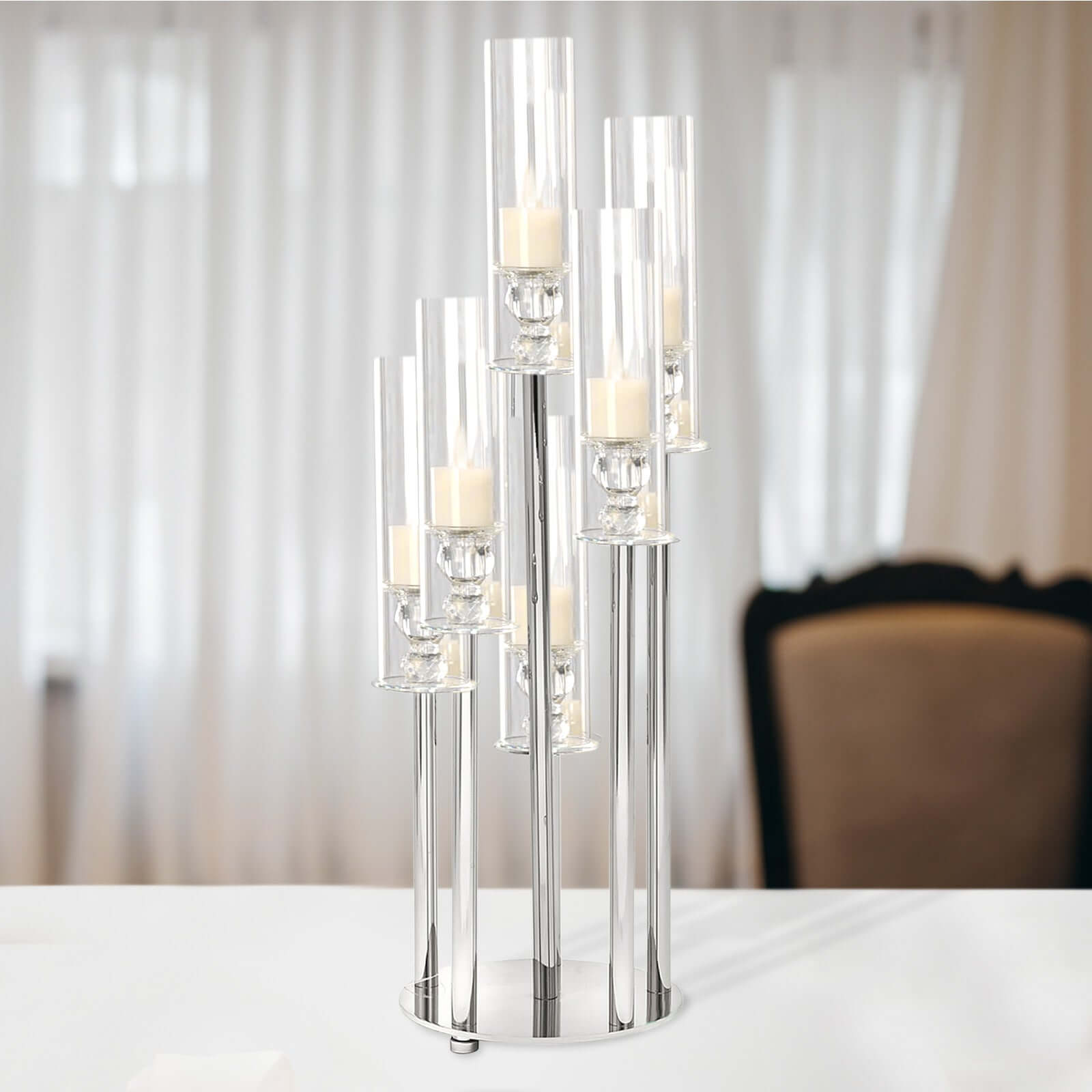 33" Clear 7 Arm Crystal Cluster Round Taper Candelabra, Candle Holder For Votive Pillar Candles With Mirror Base Pro Linens