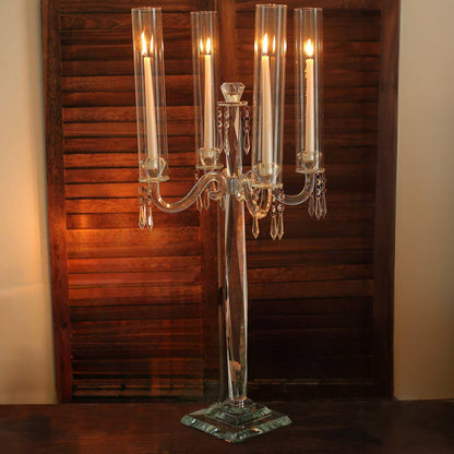 36" 4 Arm Premium Crystal Glass Taper Candle Holder Candelabra with Chandelier Chains Pro Linens