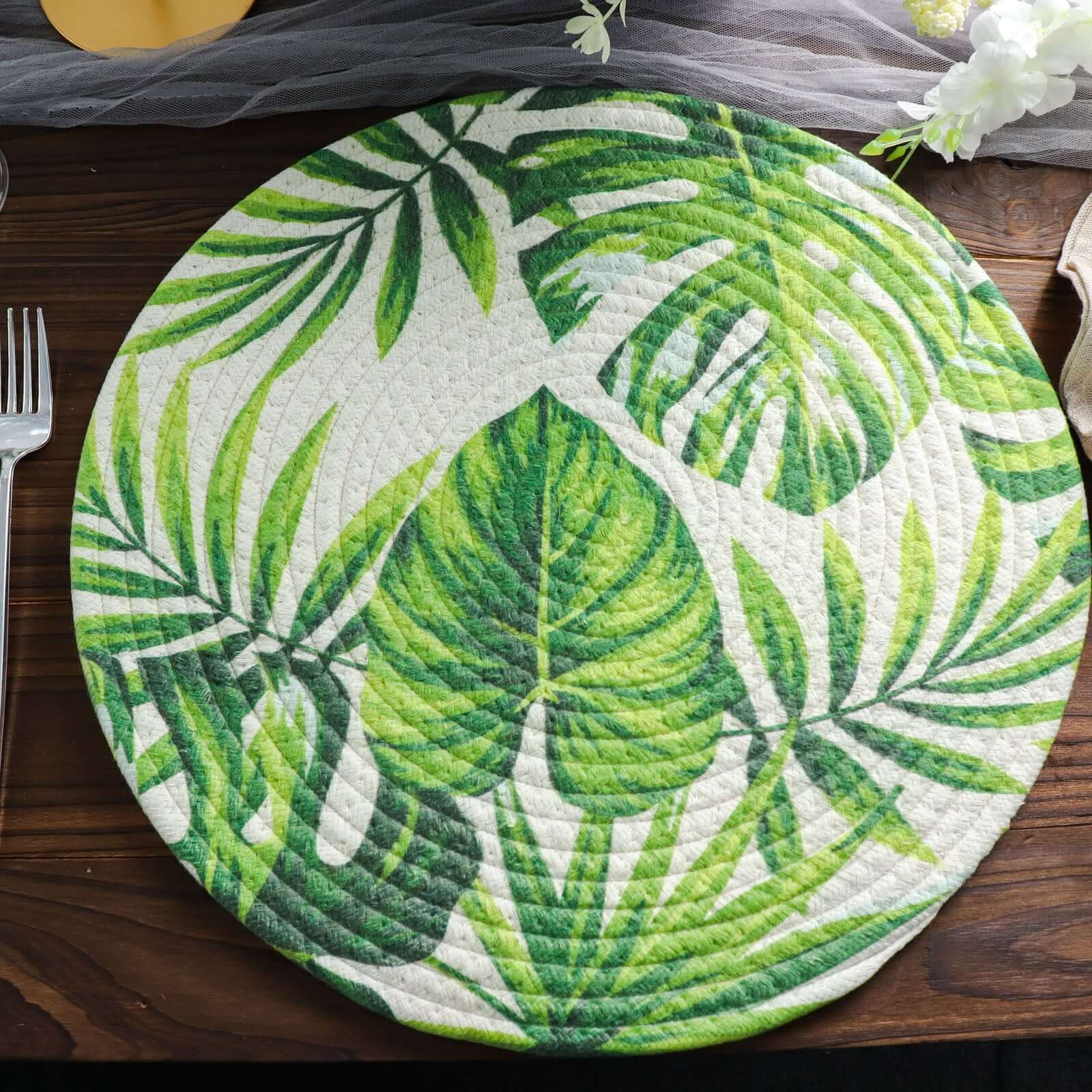 4 Pack 15" Round Green Tropical Leaf Woven Cotton Table Placemats, Indoor Outdoor Braided Dining Placemats Pro Linens