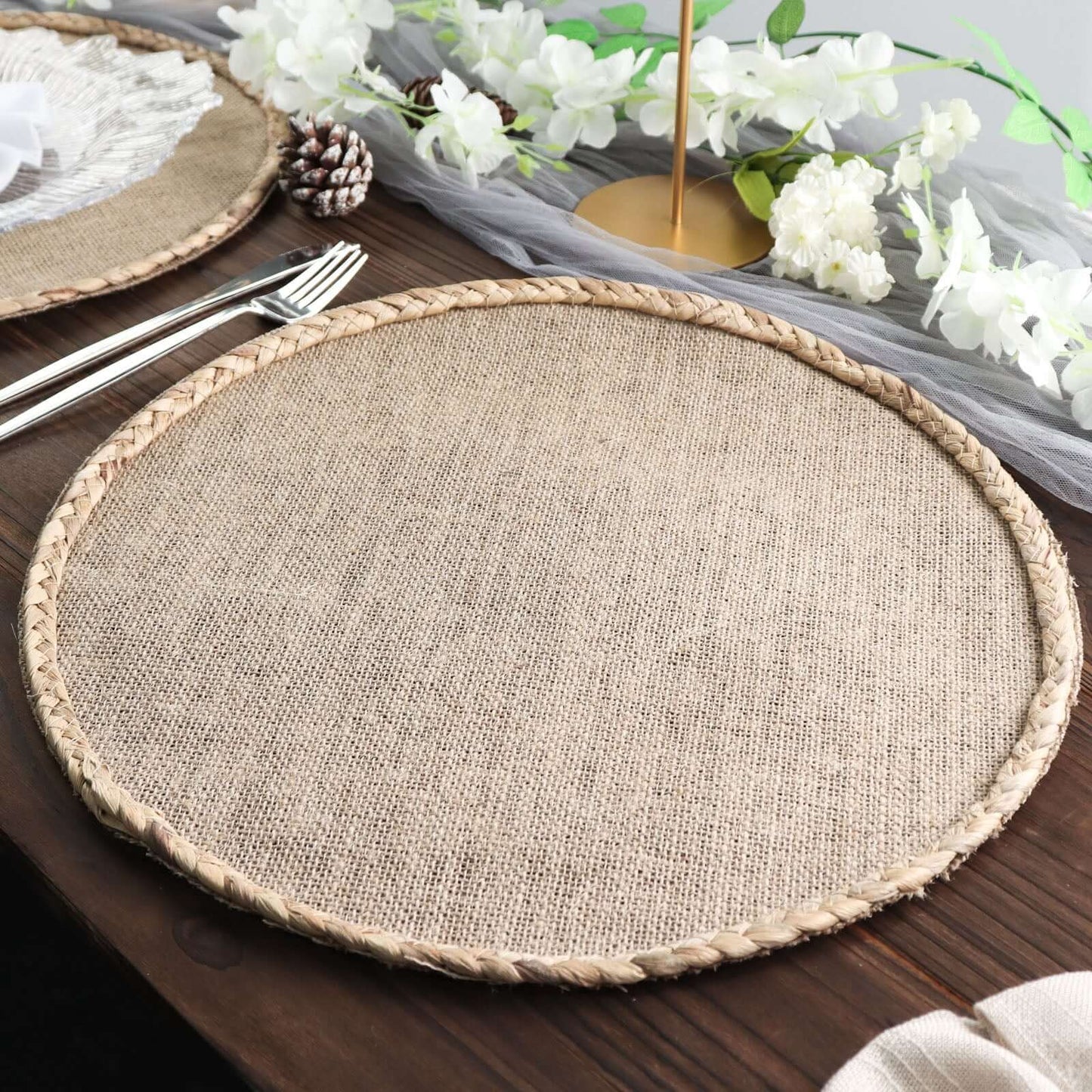 4 Pack 15" Round Natural Rustic Burlap Jute Placemats Braided Edges, Farmhouse Placemats with Trim Pro Linens