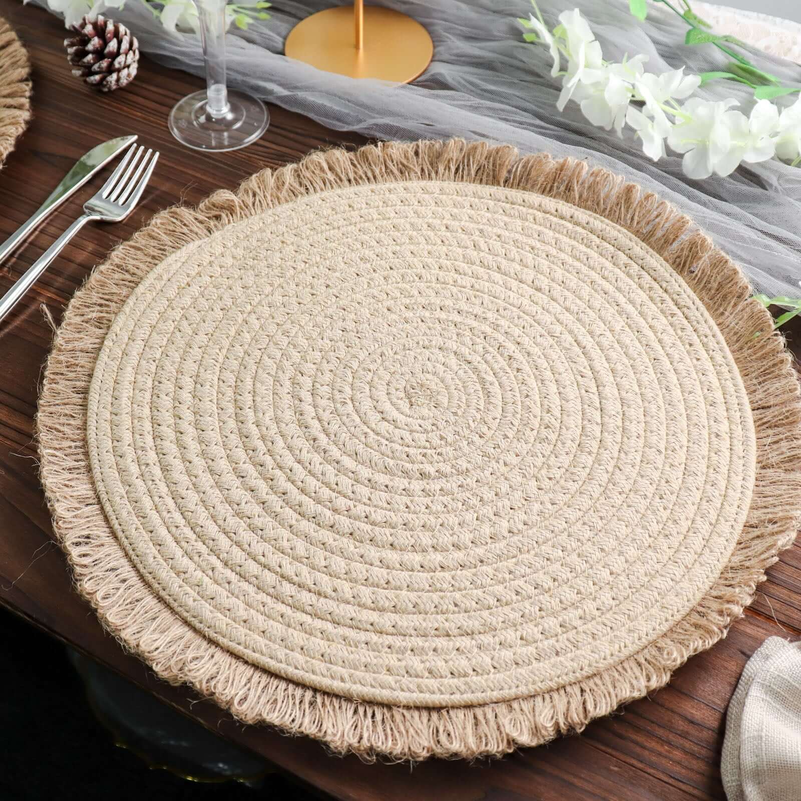 4 Pack 15" Round Natural Rustic Burlap Jute Placemats Fringed Edges, Farmhouse Placemats with Trim Pro Linens