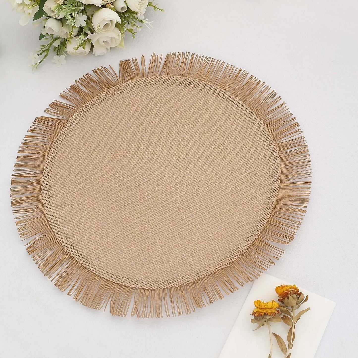 4 Pack 16" Natural Rustic Farmhouse Burlap Tassel Dining Table Mats, Boho Chic Jute Fringe Edge Table Placemats Pro Linens