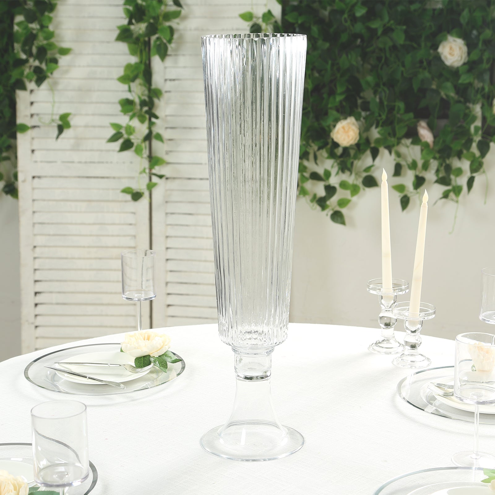 4 Pack 26" Tall Clear Ribbed Glass Trumpet Vases, Heavy Duty Flower Vases for Weddings and Centerpieces Pro Linens