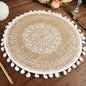 4 Pack Natural 15" Jute and White Embroidery Mandala Print Placemats, Rustic Round Woven Burlap Tassel Table Mats With Beaded Edges Pro Linens