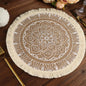 4 Pack Natural 15" Jute and White Mandala Print Fringe Placemats, Rustic Round Woven Burlap Tassel Table Mats Pro Linens