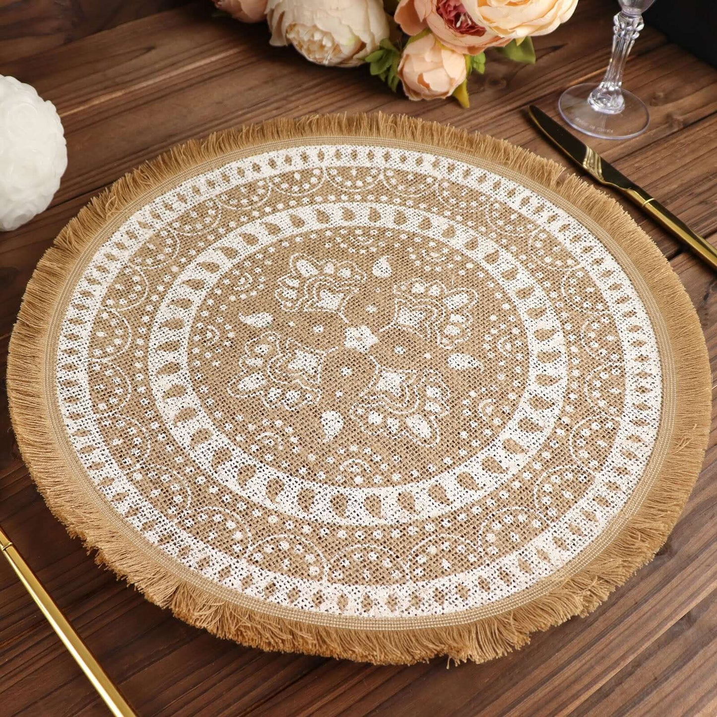 4 Pack Natural 15" Jute and White Print Fringe Placemats, Rustic Round Woven Burlap Tassel Table Mats Pro Linens