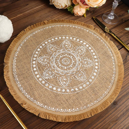 4 Pack Natural 15" Jute Fringe White Embroidery Print Placemats, Rustic Round Woven Burlap Tassel Table Mats Pro Linens