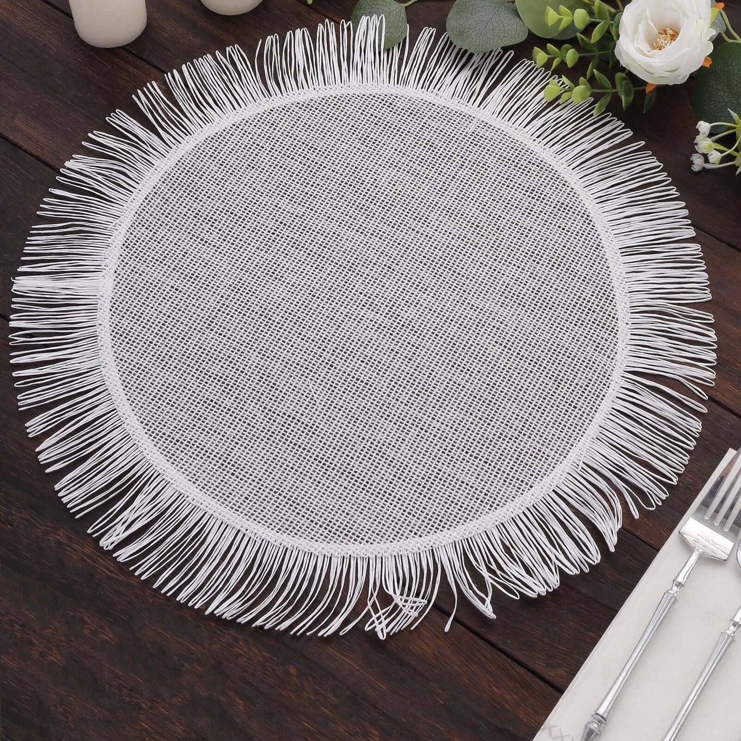 4 Pack White Rustic Farmhouse Burlap Tassel Dining Table Mats, 16" Round Boho Chic Jute Fringe Edge Table Placemats Pro Linens