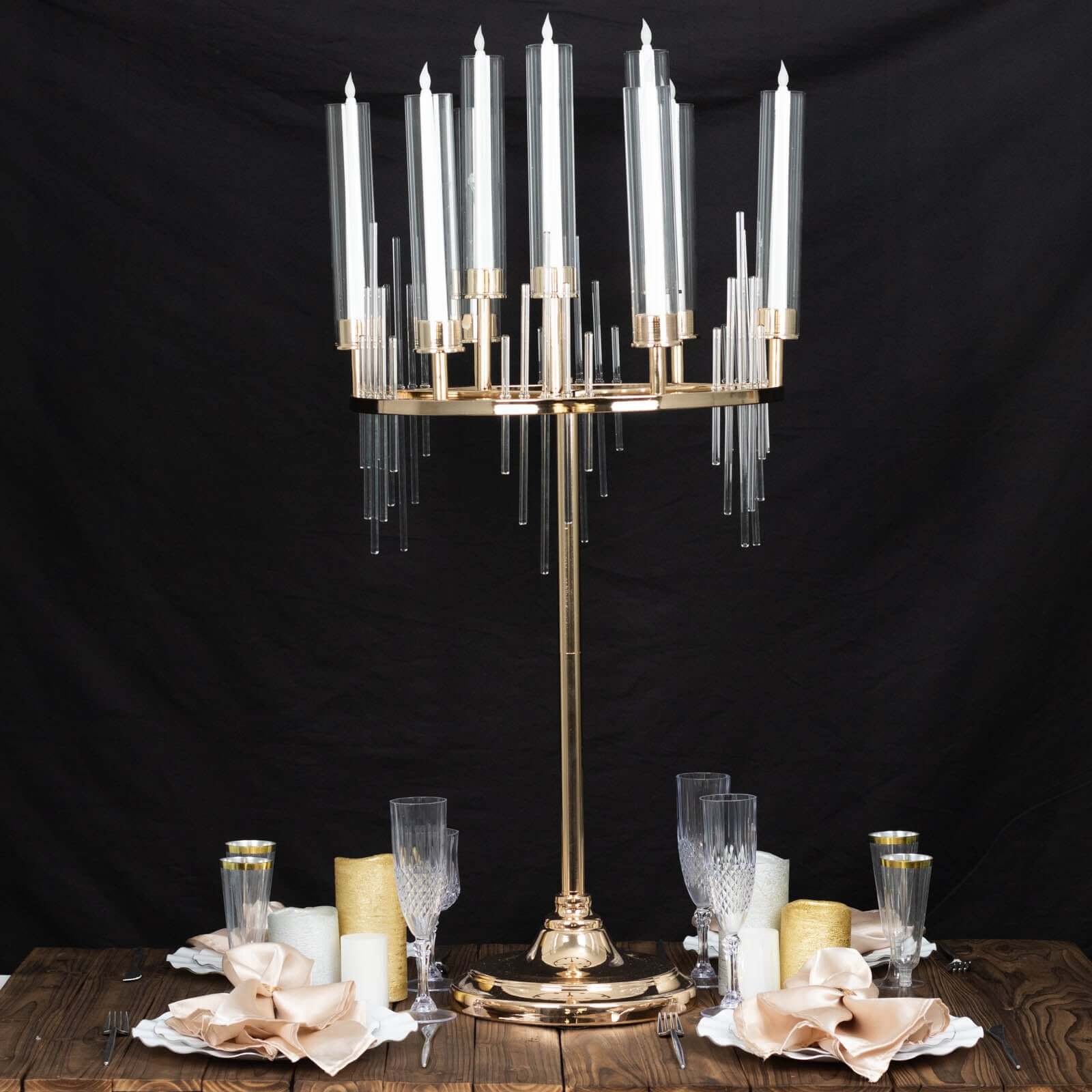 40" Gold 9 Arm Round Taper Candlestick Candelabra With Clear Glass Shades, Metal Candle Holder Table Centerpiece Arrangement With Drip Accents Pro Linens