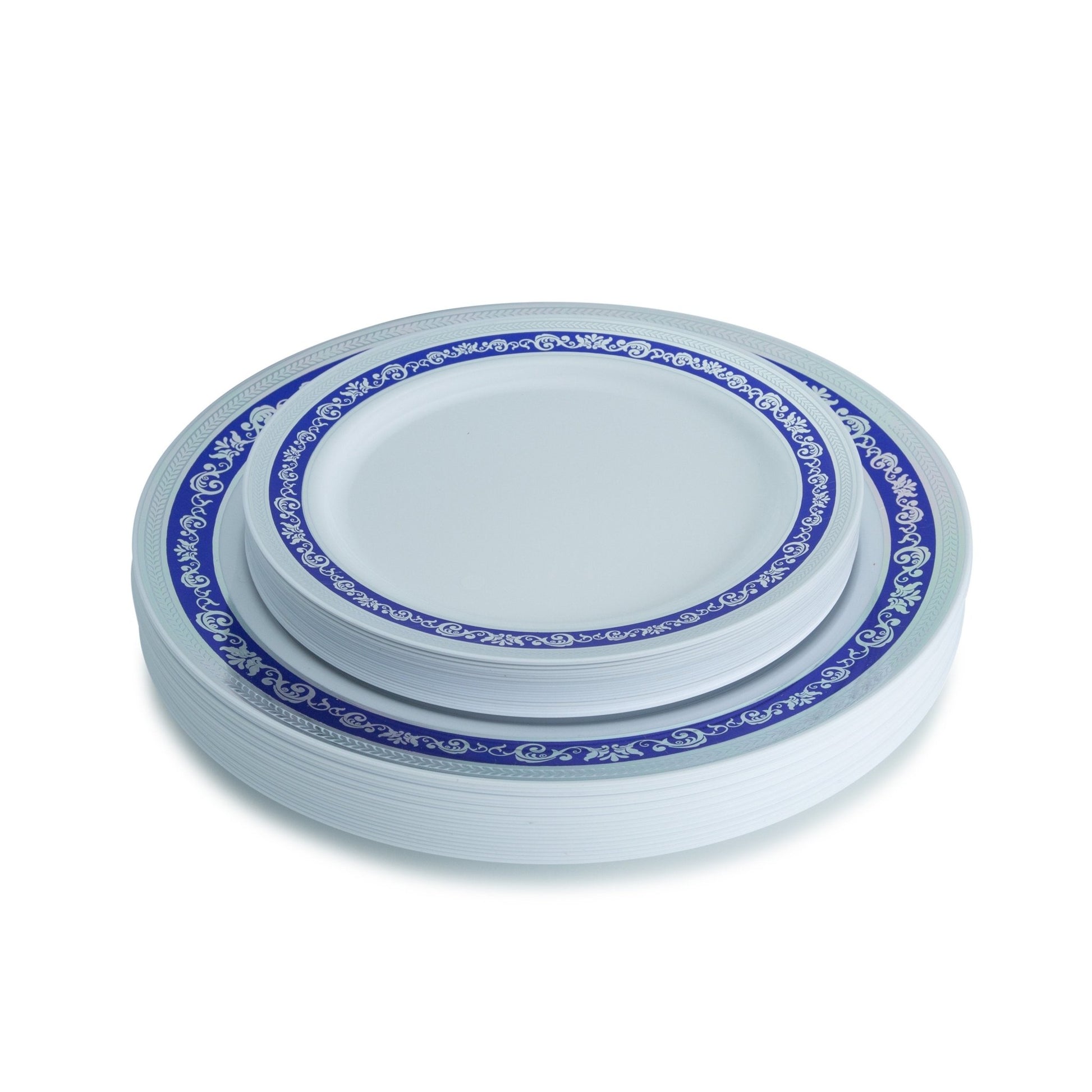 40 Pack Blue and Silver Round Plastic Dinnerware Value Set (20 Guests) - Royal - Pro Linens