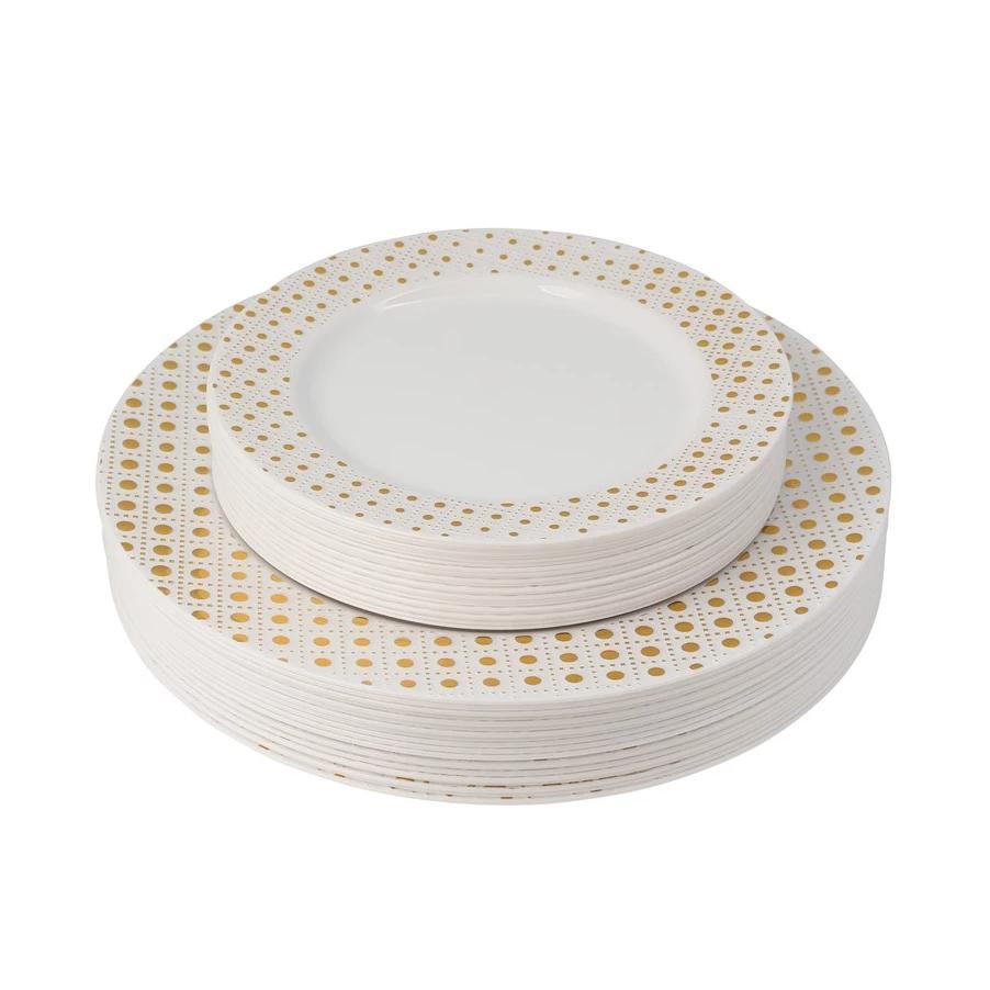 40 Piece Combo Pack White and Gold Round Plastic Dinnerware Value Set (20 Servings) - Sphere - Pro Linens