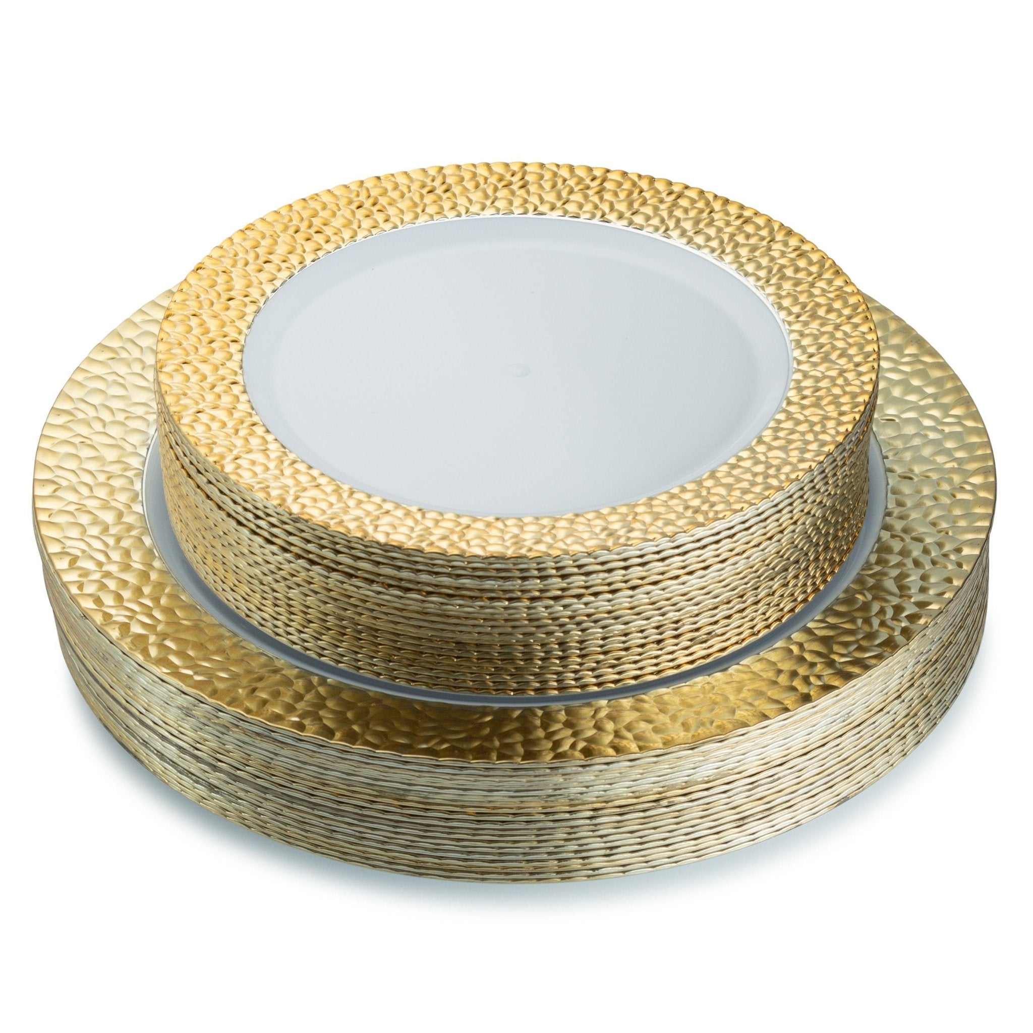 40 Piece Combo Pack White and Gold Round Plastic Dinnerware Value Set - Hammered - Pro Linens