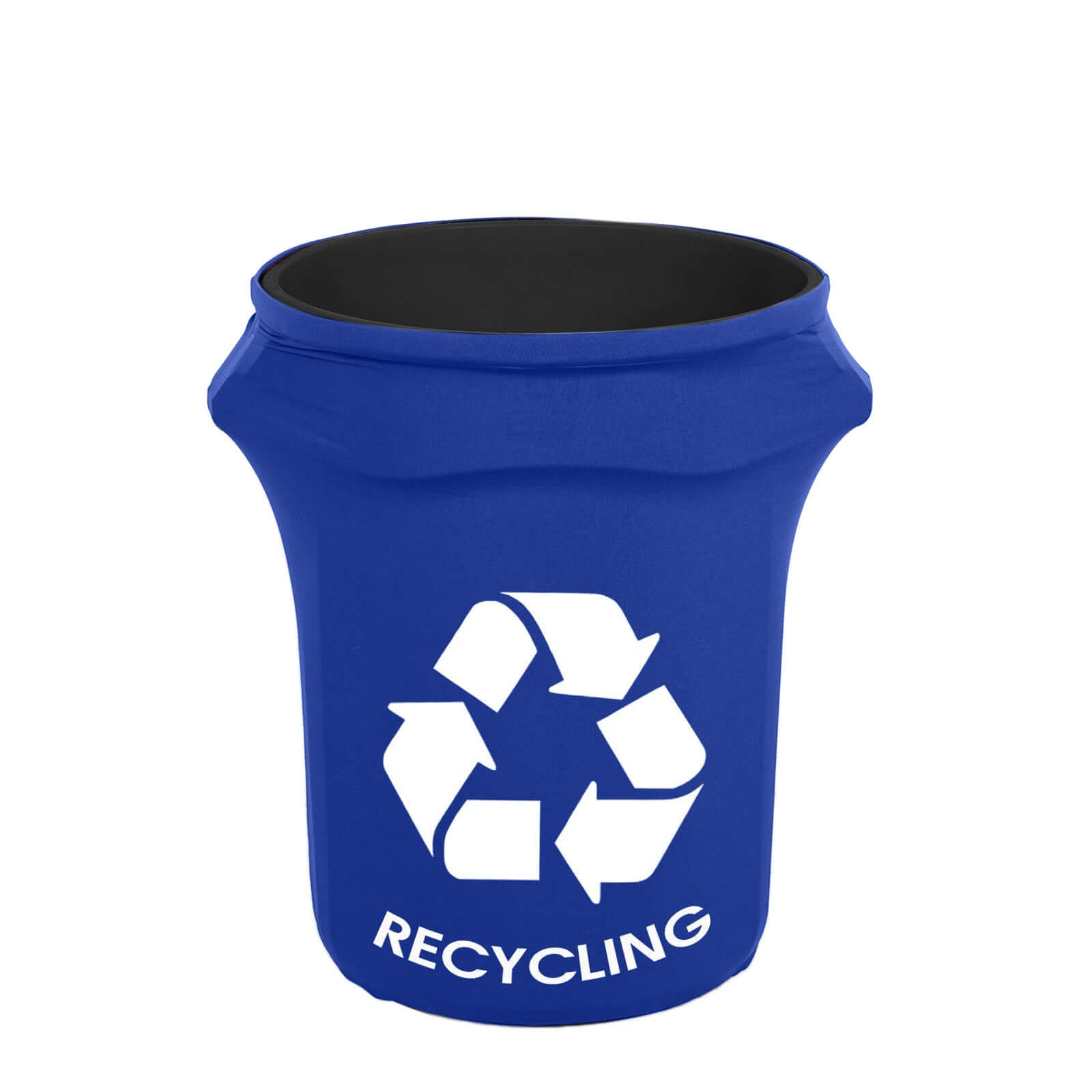 41-50 Gallon Royal Blue Spandex Stretch Trash Can Waste Container Cover With Recycling Logo Pro Linens