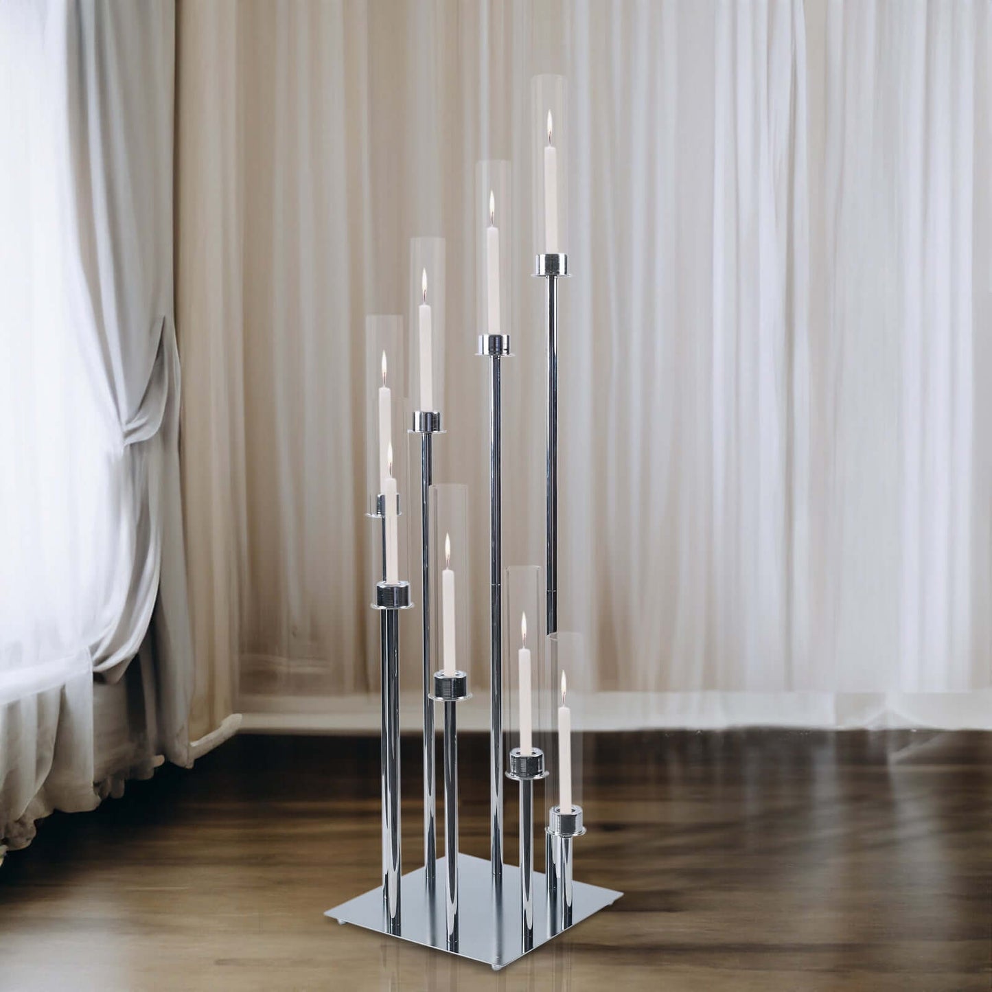 42" Silver 8 Arm Cluster Taper Candle Holder With Clear Glass Shades, Large Candle Arrangement Pro Linens