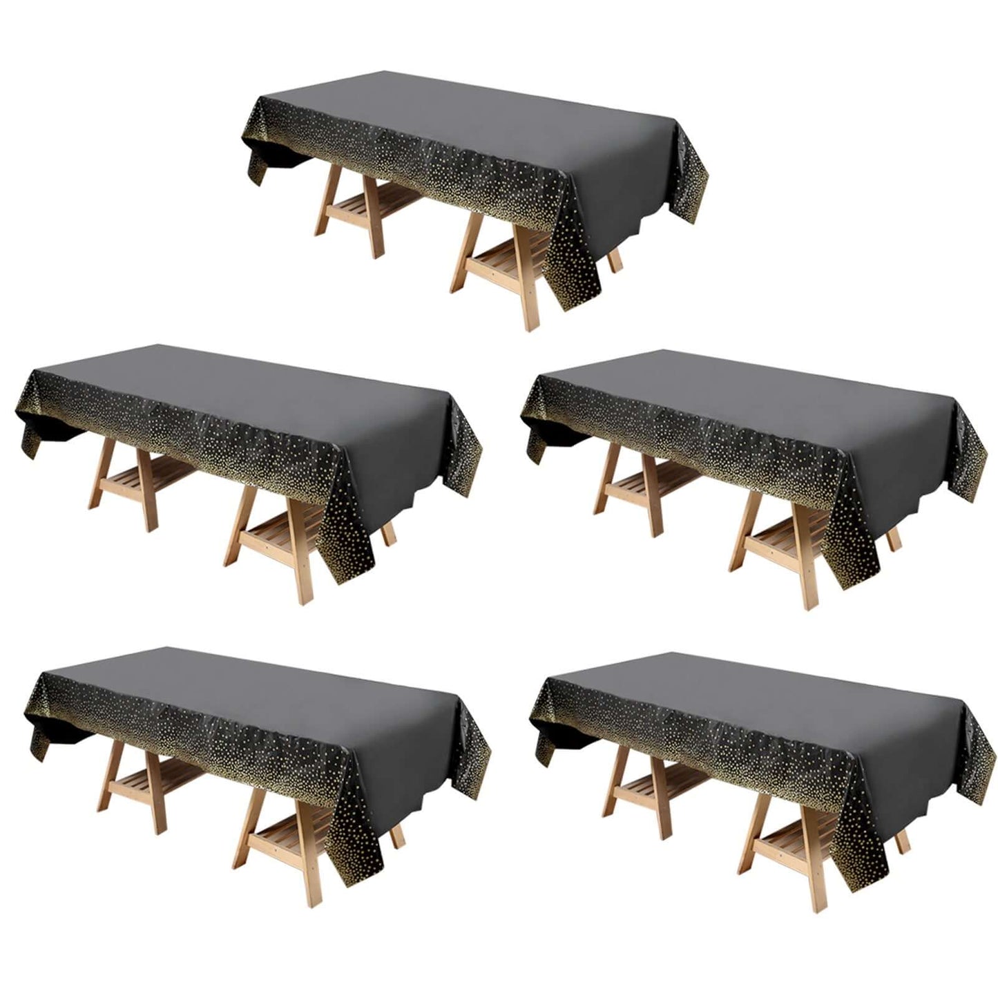 5 Pack Black Rectangle Plastic Table Covers with Gold Confetti Dots, 54"x108" PVC Waterproof Disposable Tablecloths - Pro Linens