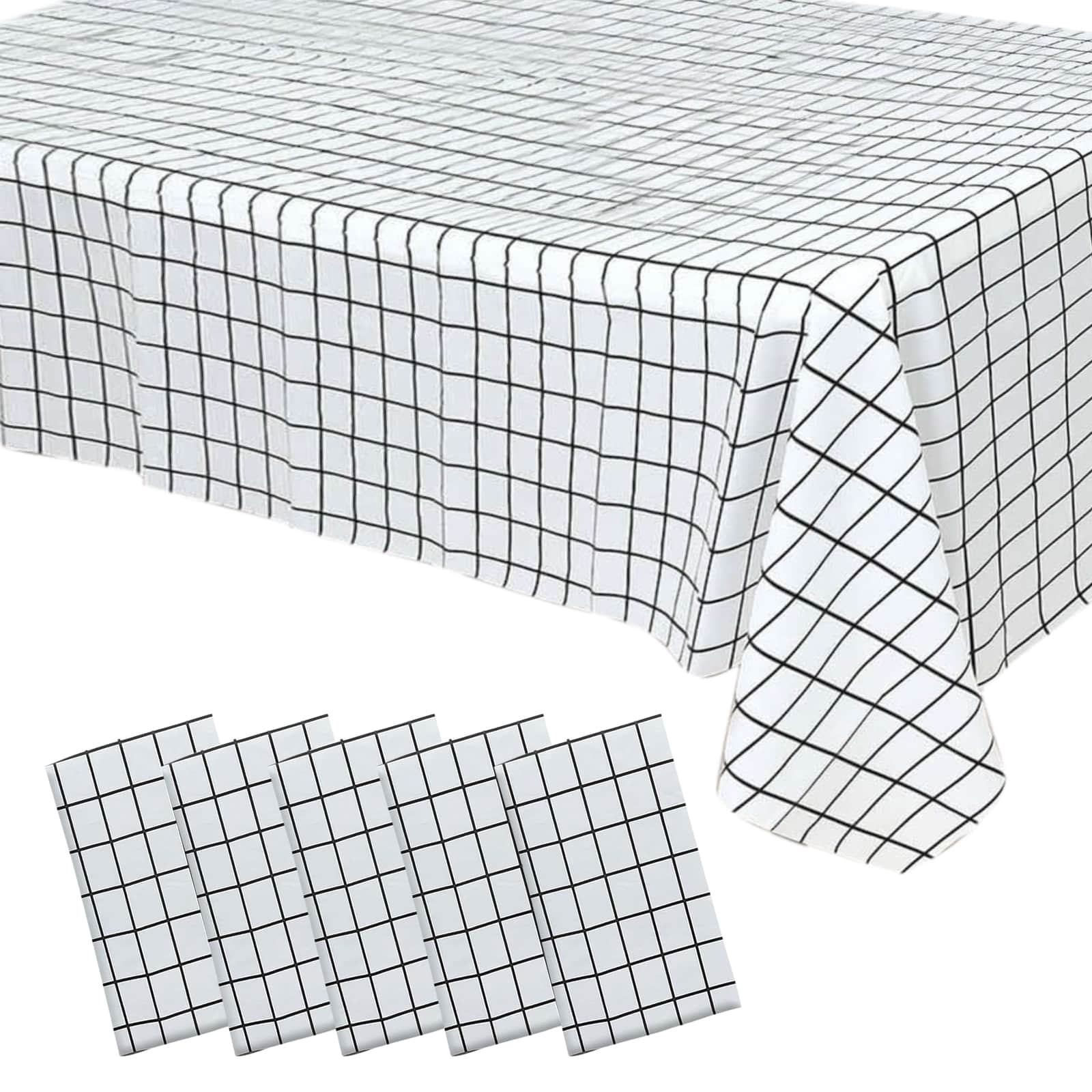 5 Pack Black White Grid Rectangle Plastic Table Covers, 54"x108" Checkered PVC Waterproof Disposable Tablecloths - Pro Linens