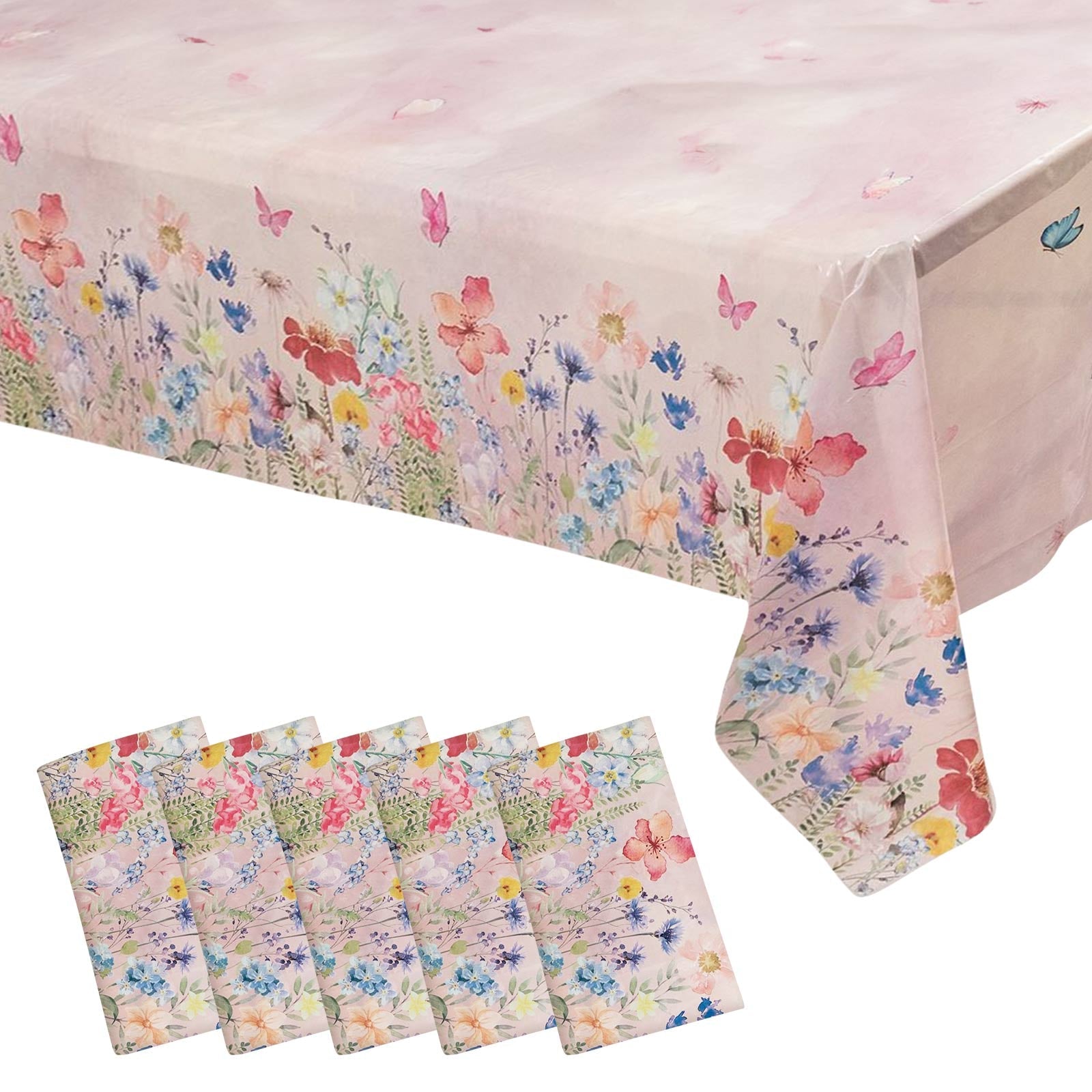 5 Pack Blush Rectangle Disposable Tablecloths with Butterfly Floral Print, PVC Waterproof Plastic Table Covers - 54"x108" - Pro Linens