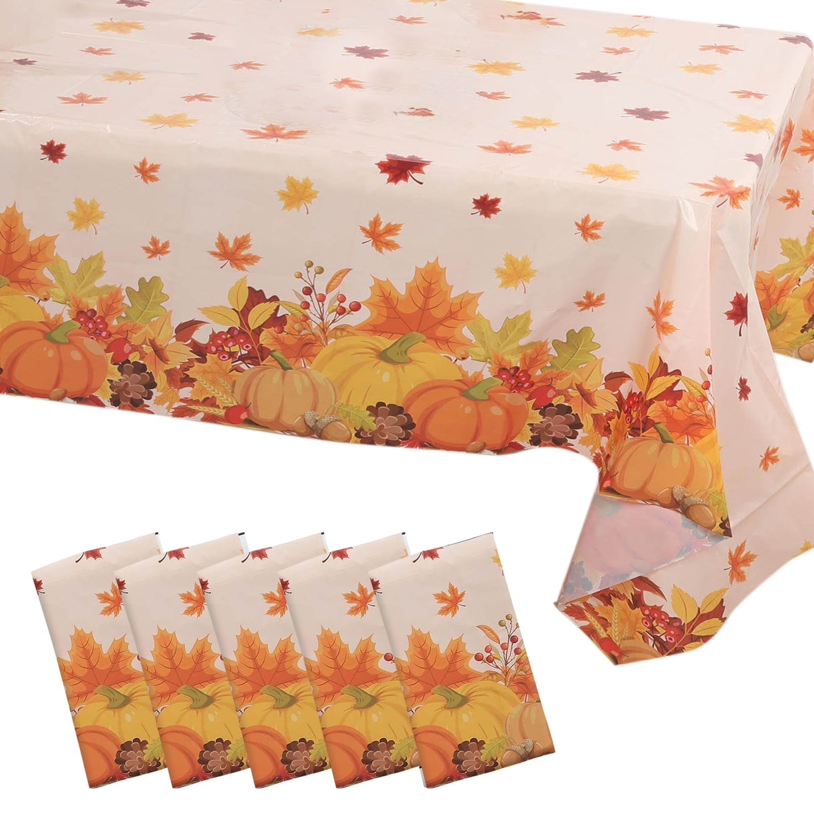 5 Pack Orange Thanksgiving Rectangle Plastic Table Covers, PVC Waterproof Disposable Tablecloths with Fall Maple Leaves Pumpkin Print - 54"x108" - Pro Linens