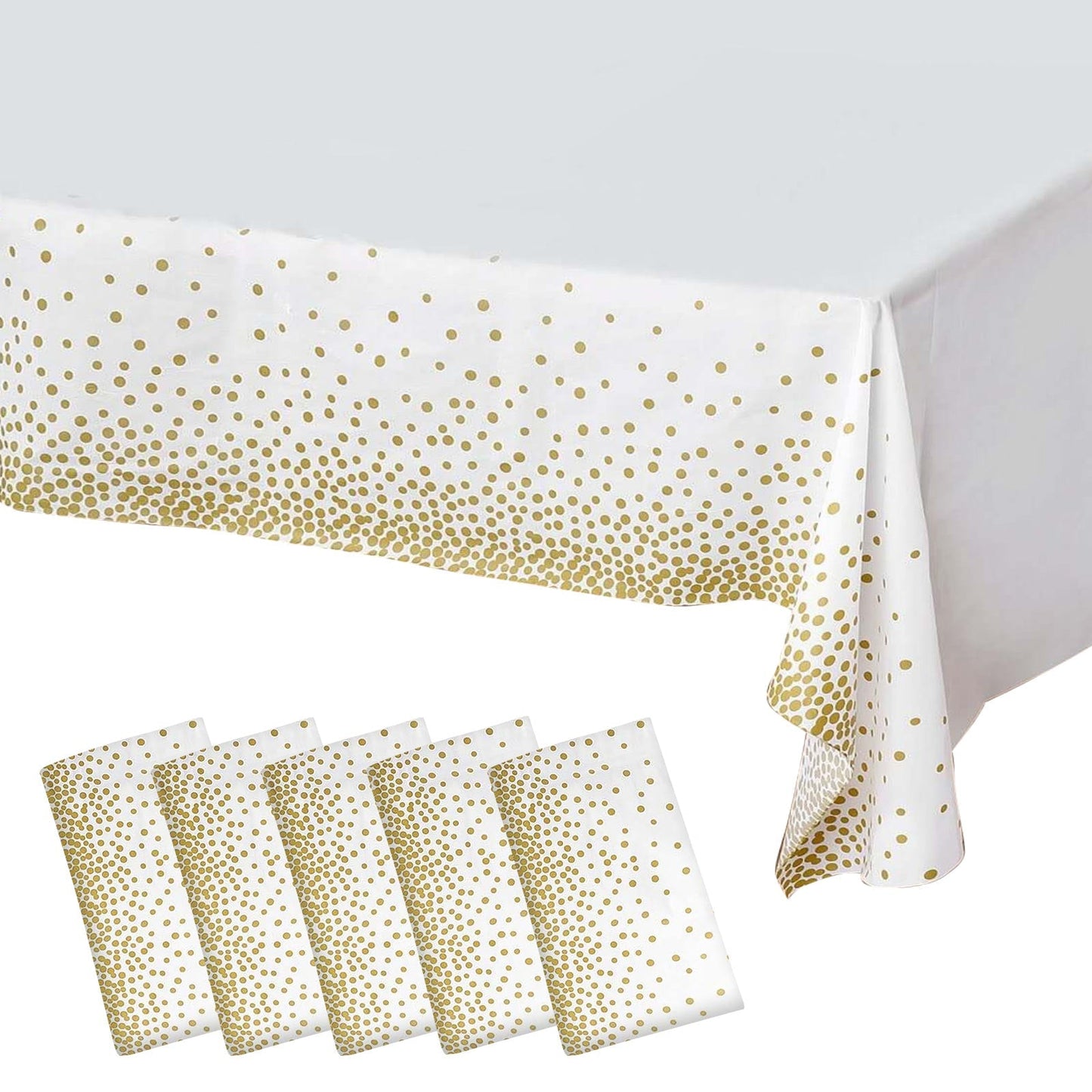 5 Pack White Rectangle Plastic Table Covers with Gold Confetti Dots, 54"x108" PVC Waterproof Disposable Tablecloths - Pro Linens