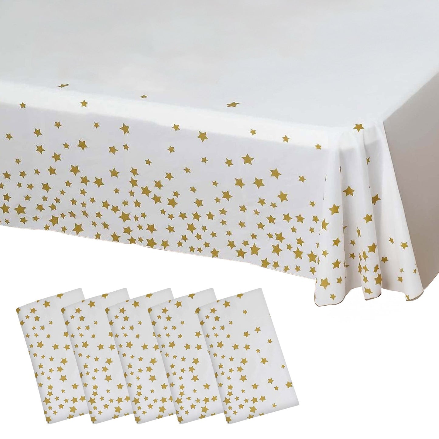 5 Pack White Rectangle Plastic Table Covers with Gold Stars, 54"x108" PVC Waterproof Disposable Tablecloths - Pro Linens