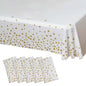 5 Pack White Rectangle Plastic Table Covers with Gold Stars, 54"x108" PVC Waterproof Disposable Tablecloths - Pro Linens