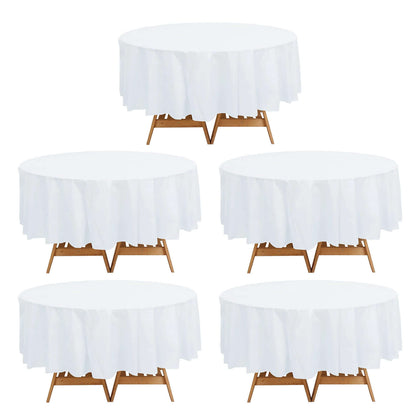 5 Pack White Round Plastic Table Covers, 84" PVC Waterproof Disposable Tablecloths Pro Linens