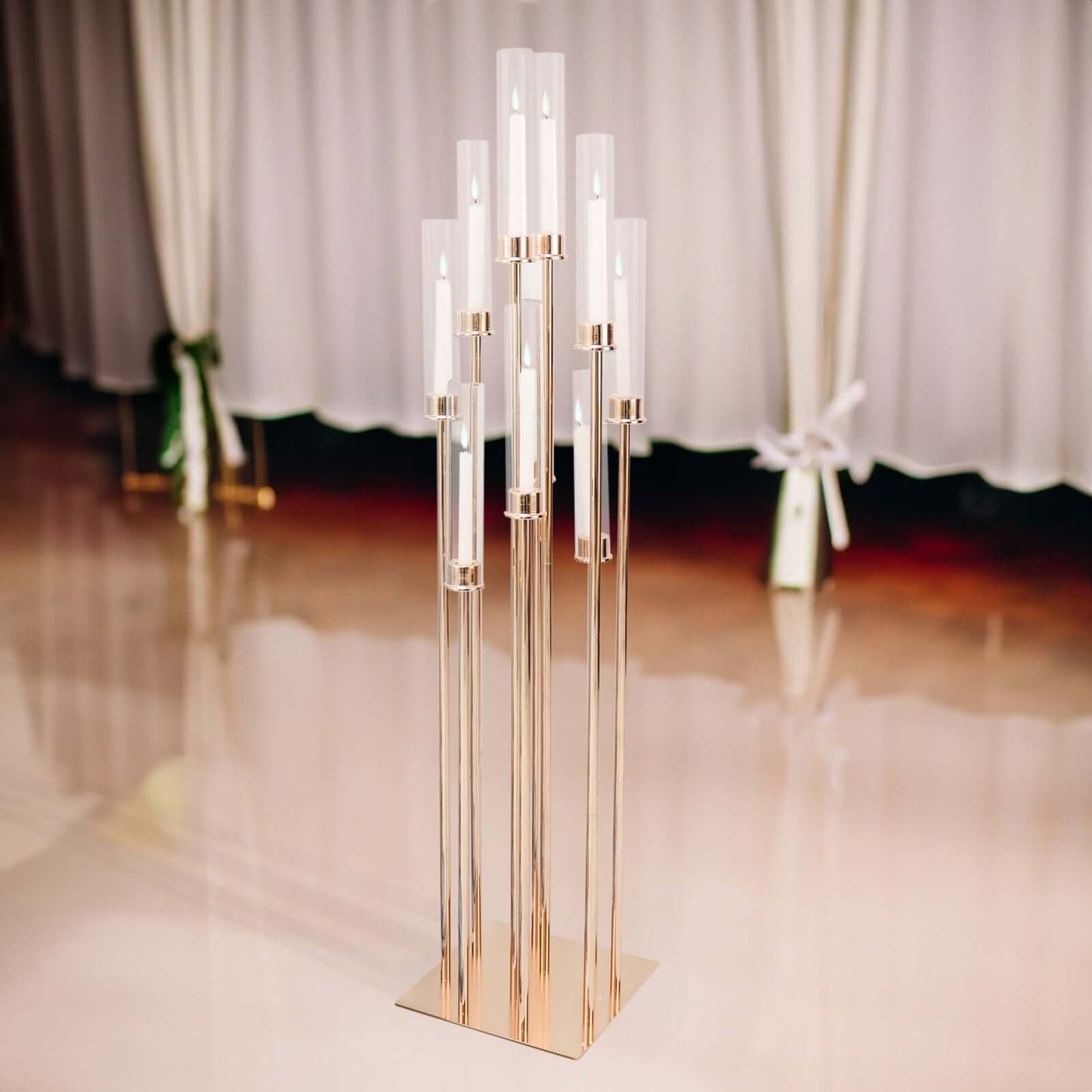 50" Gold 10 Arm Cluster Taper Candle Holder With Clear Glass Shades, Large Candle Arrangement Pro Linens