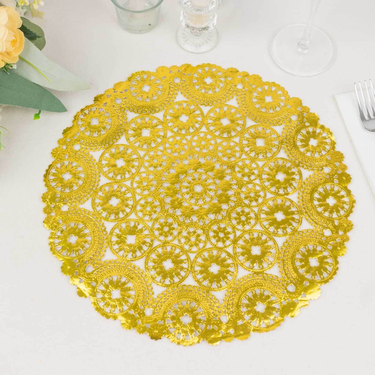 50 Pack Metallic Gold Medallion Style Paper Lace Doilies, 12" Round Disposable Placemats - 50GSM Pro Linens