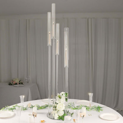 51" Clear 5-Arm Crystal Round Cluster Taper Candelabra Candle Holders, Votive Pillar Candle Holders With Round Mirror Base Pro Linens