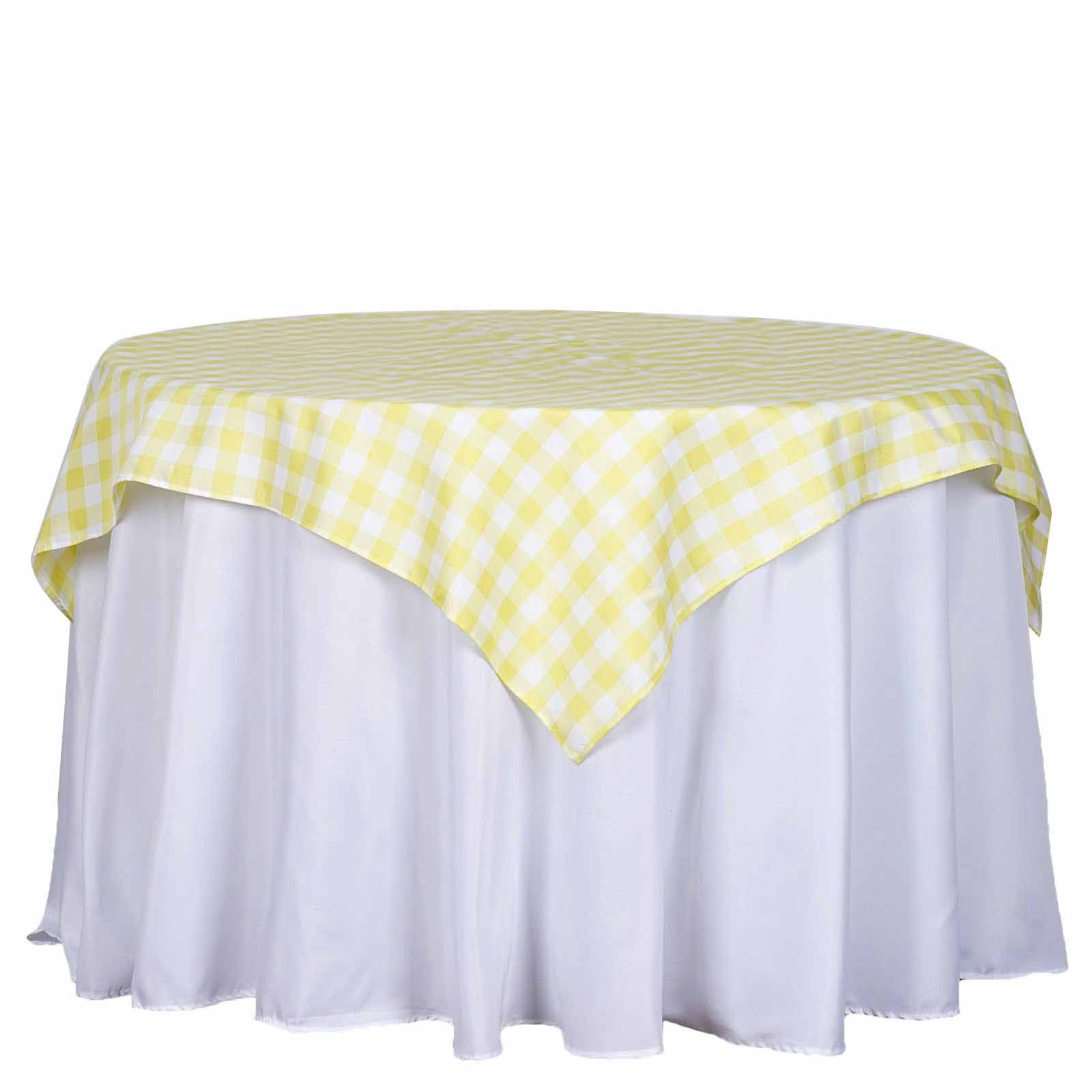 54"x54" White Yellow Seamless Buffalo Plaid Square Table Overlay, Checkered Gingham Polyester Table Overlay Pro Linens