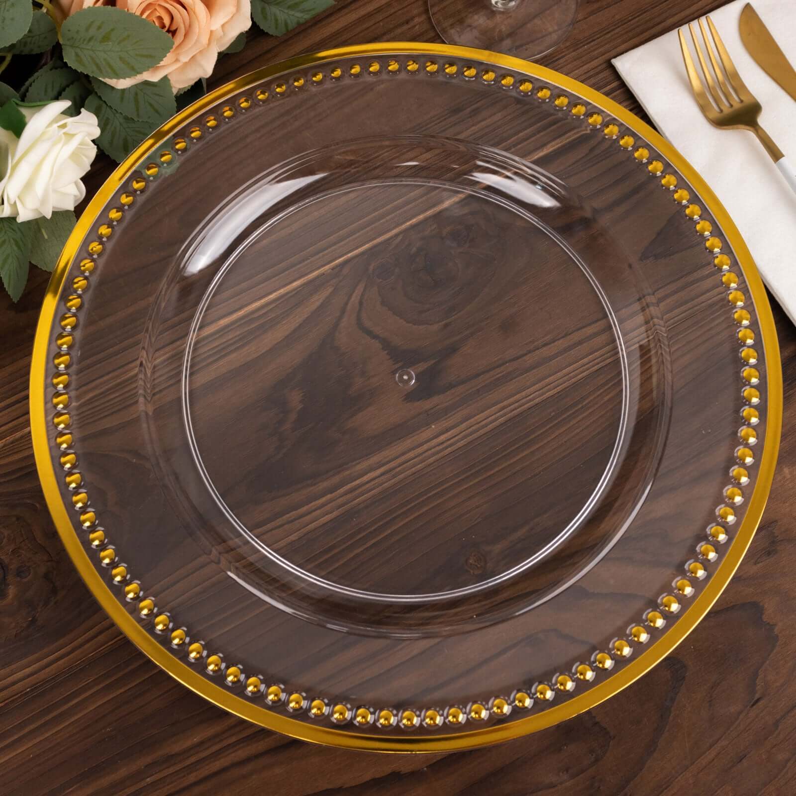 6 Pack 13" Beaded Clear Gold Acrylic Plastic Round Charger Plate, Event Tabletop Decor Pro Linens