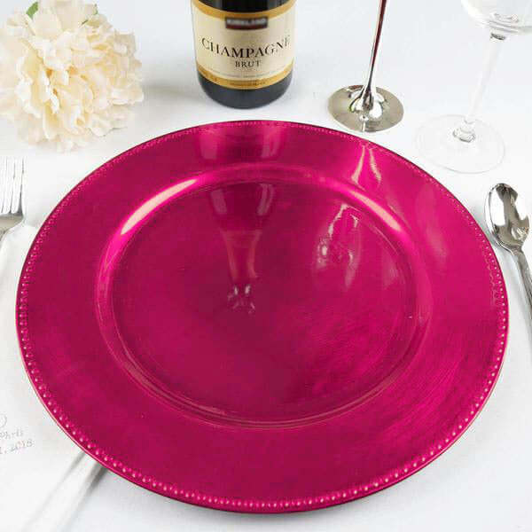 6 Pack 13" Beaded Hot Pink Acrylic Charger Plate, Plastic Round Dinner Charger Event Tabletop Decor Pro Linens