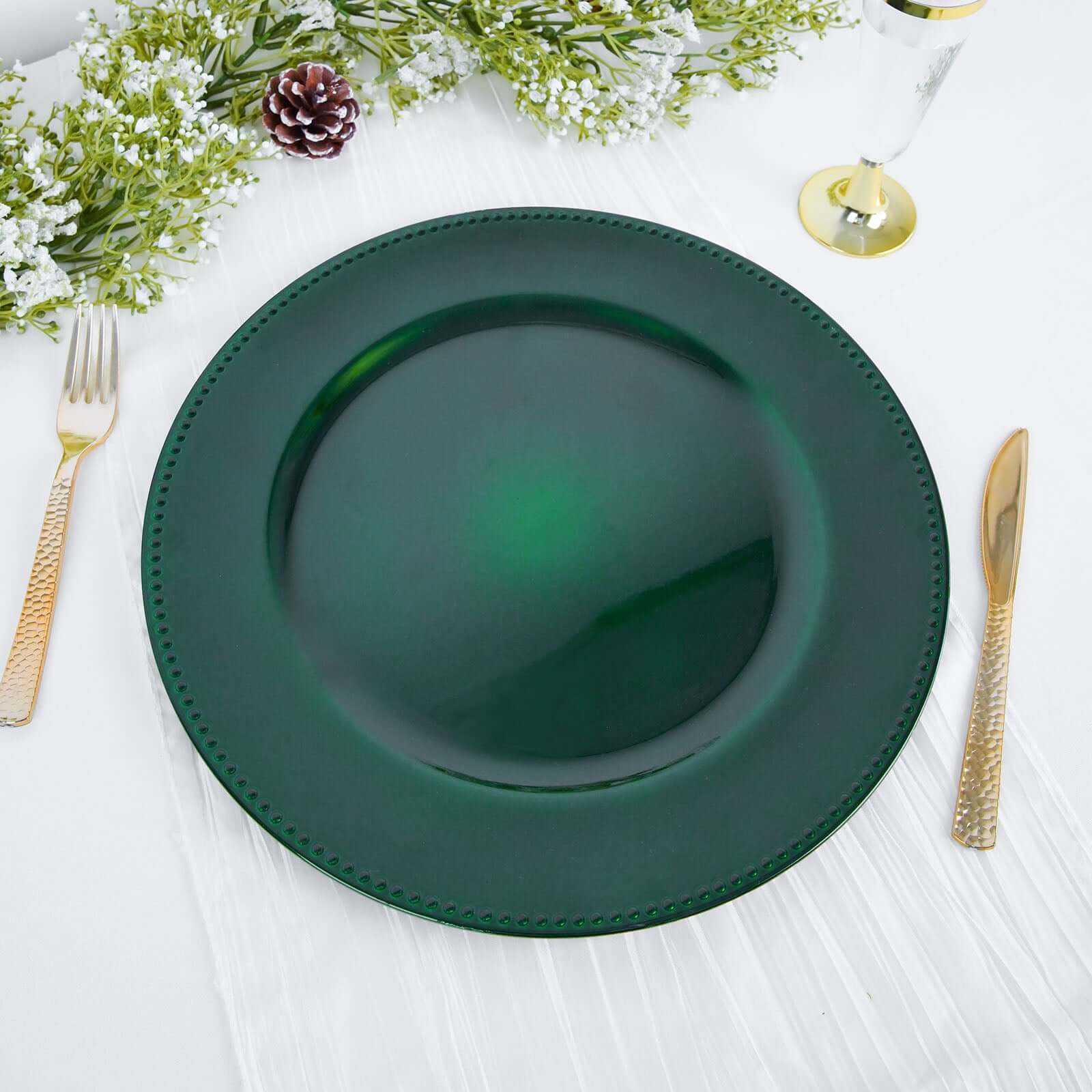 6 Pack 13" Beaded Hunter Emerald Green Acrylic Charger Plate, Plastic Round Dinner Charger Event Tabletop Decor Pro Linens