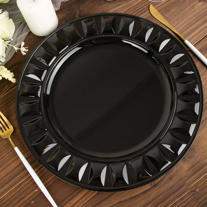 6 Pack 13" Black Round Bejeweled Rim Plastic Dinner Charger Plates, Disposable Serving Trays Pro Linens