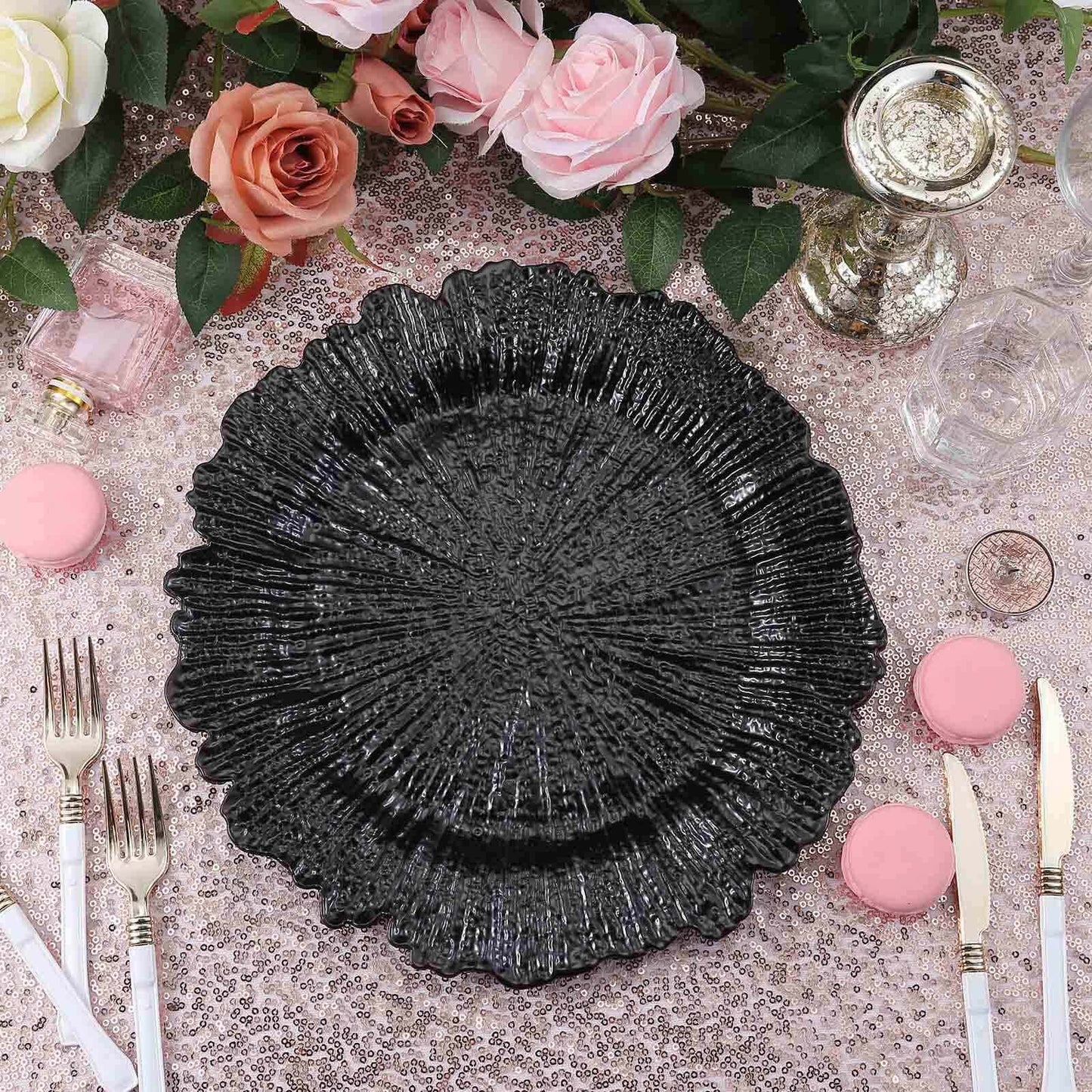 6 Pack 13" Black Round Reef Acrylic Plastic Charger Plates, Dinner Charger Plates Pro Linens