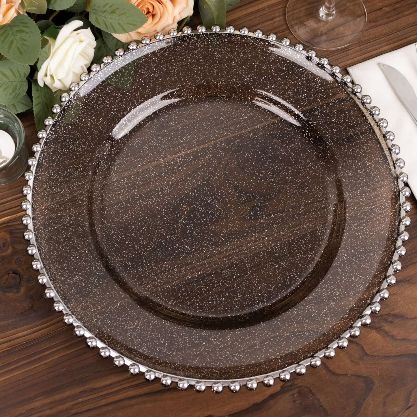 6 Pack 13" Black Silver Acrylic Plastic Beaded Rim Charger Plates Pro Linens