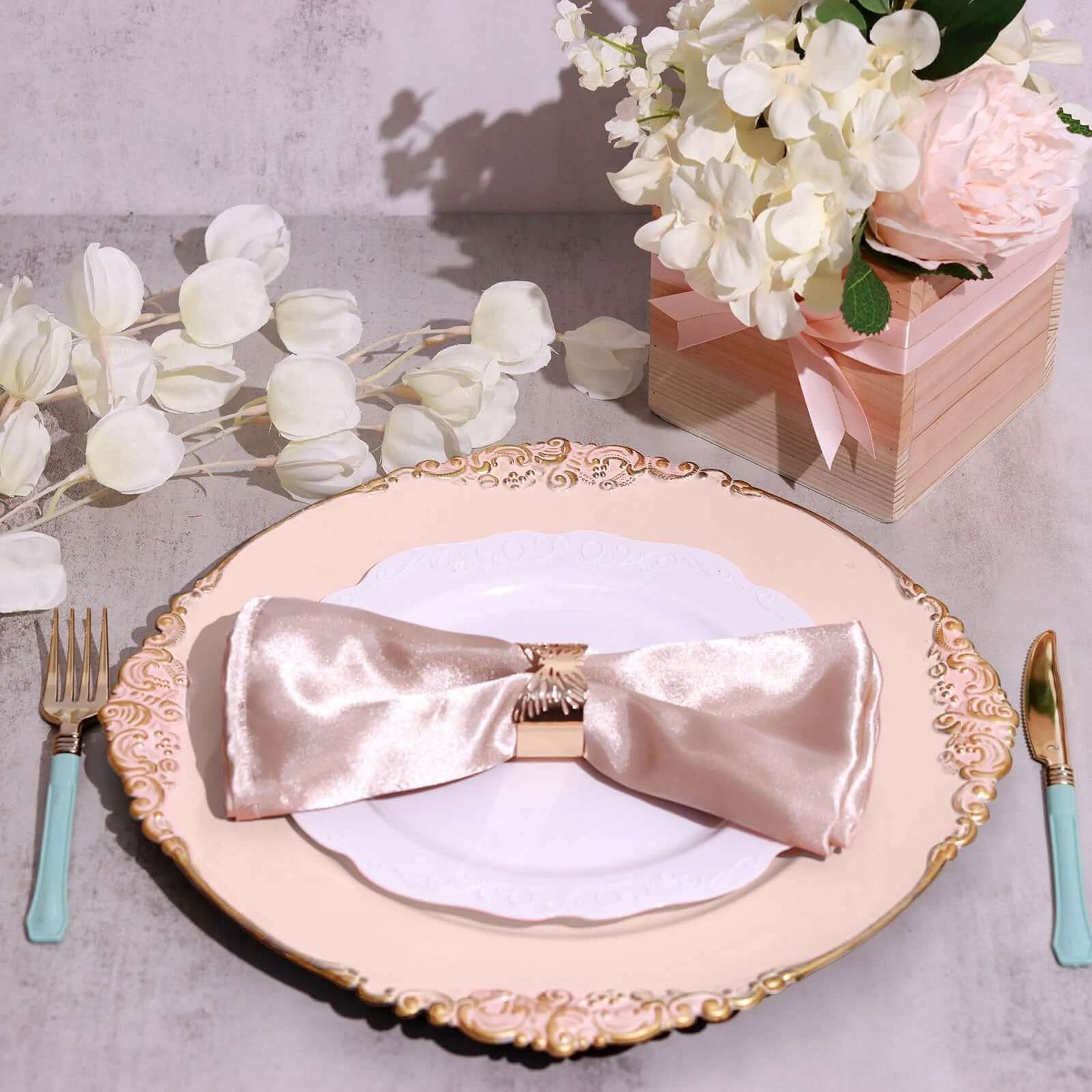 6 Pack 13" Blush Gold Embossed Baroque Round Charger Plates With Antique Design Rim Pro Linens