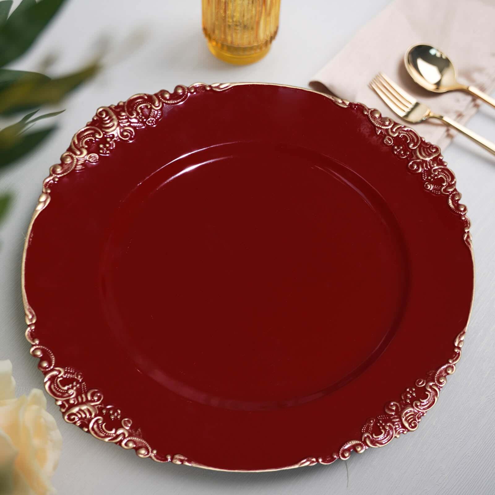 6 Pack 13" Burgundy Gold Embossed Baroque Round Charger Plates With Antique Design Rim Pro Linens