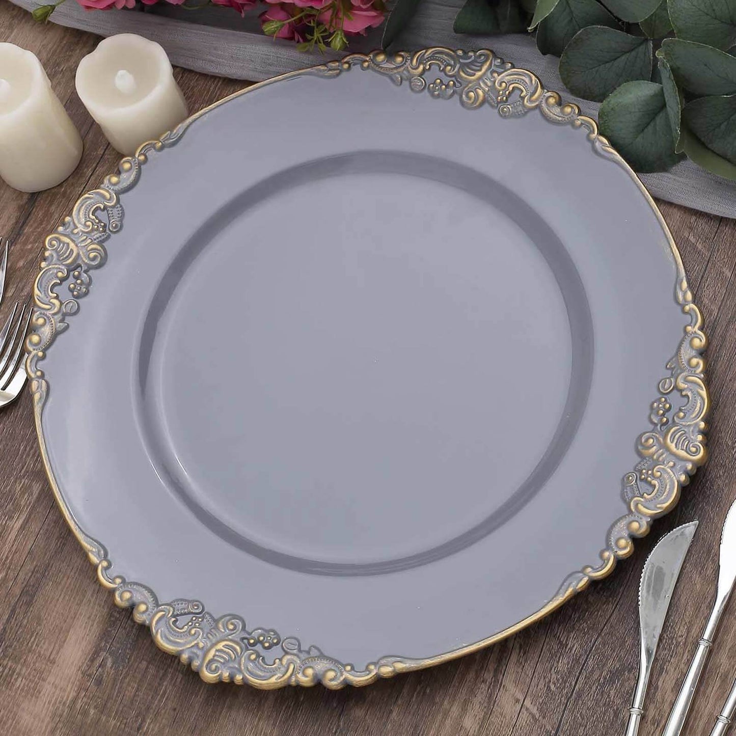 6 Pack 13" Charcoal Gray Gold Embossed Baroque Round Charger Plates With Antique Design Rim Pro Linens