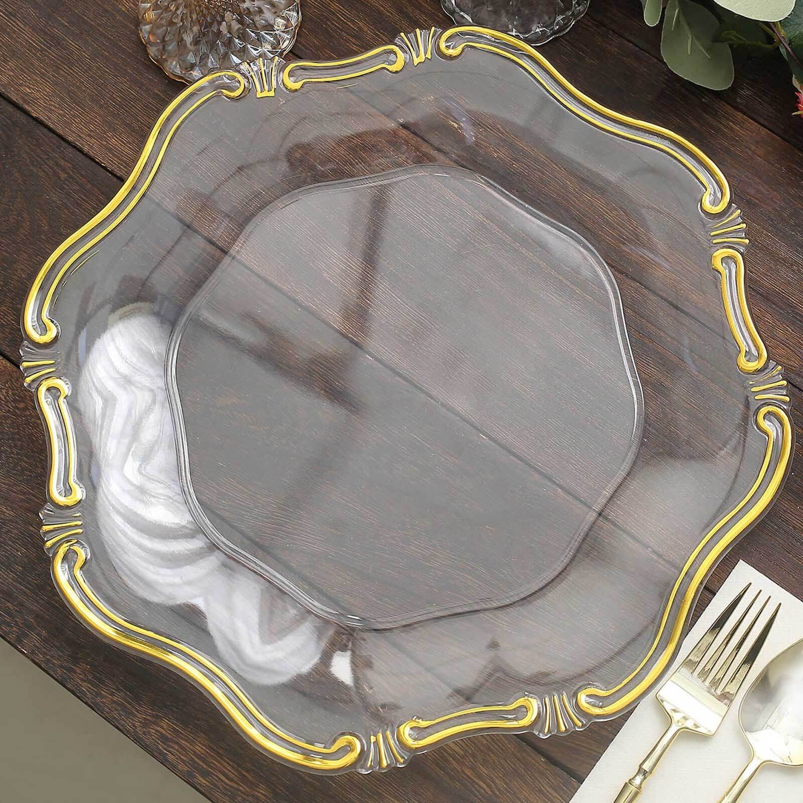 6 Pack 13" Clear Gold Baroque Scalloped Acrylic Plastic Charger Plates, Hexagon Charger Plates Pro Linens