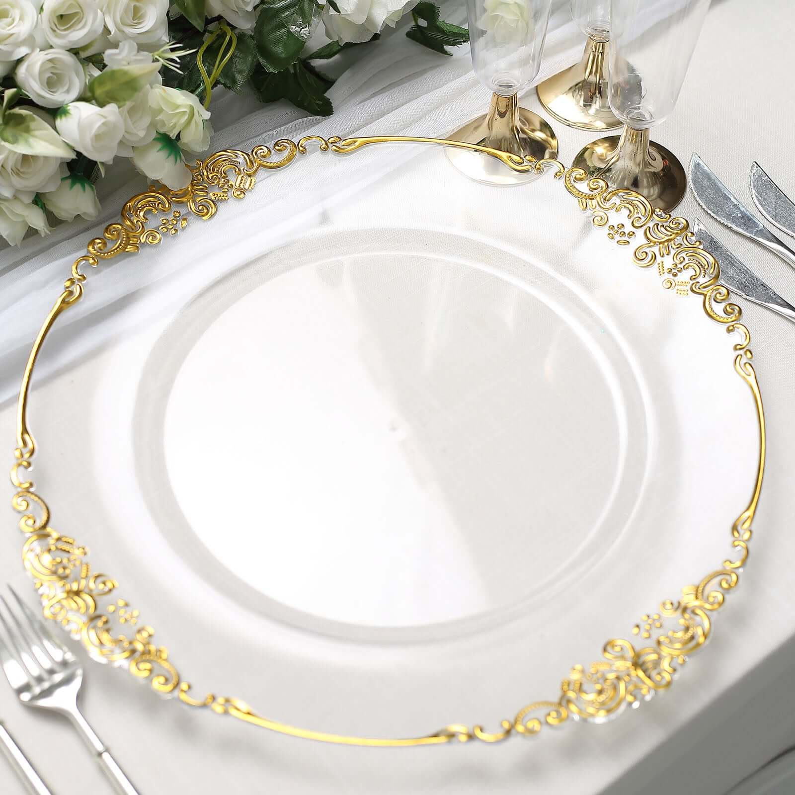 6 Pack 13" Clear Gold Embossed Baroque Round Charger Plates With Antique Design Rim Pro Linens