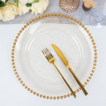 6 Pack 13" Clear Gold Glitter Acrylic Plastic Charger Plates With Beaded Rim Pro Linens