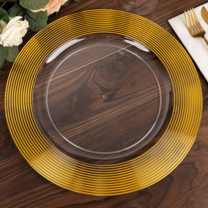 6 Pack 13" Clear Gold Lined Rim Disposable Wedding Charger Plates, Round Plastic Serving Plates with Elegant Ringed Rim Pro Linens