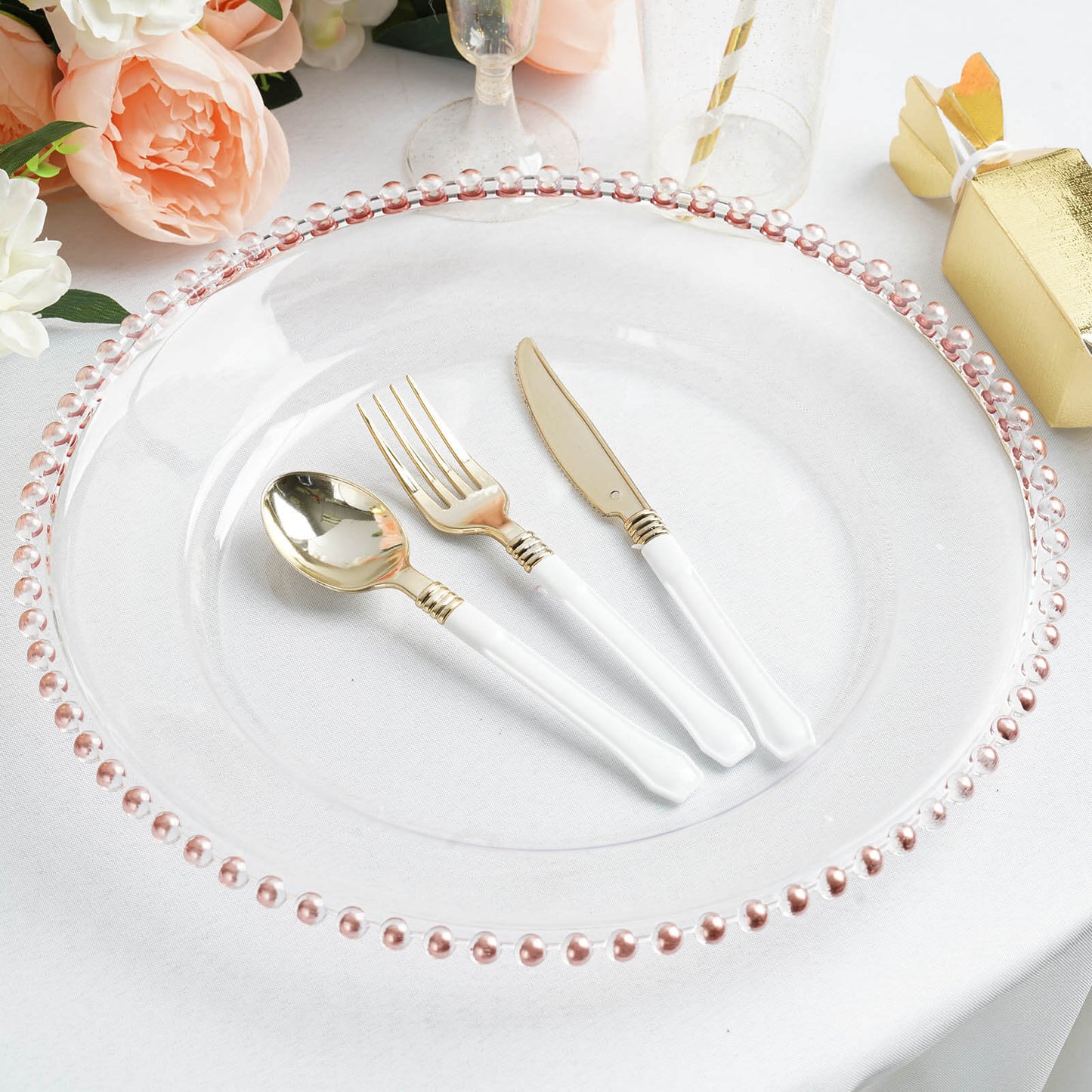 6 Pack 13" Clear Rose Gold Acrylic Beaded Rim Charger Plates Pro Linens