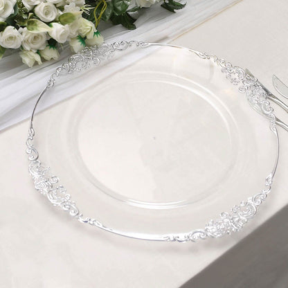 6 Pack 13" Clear Silver Embossed Baroque Round Charger Plates With Antique Design Rim Pro Linens