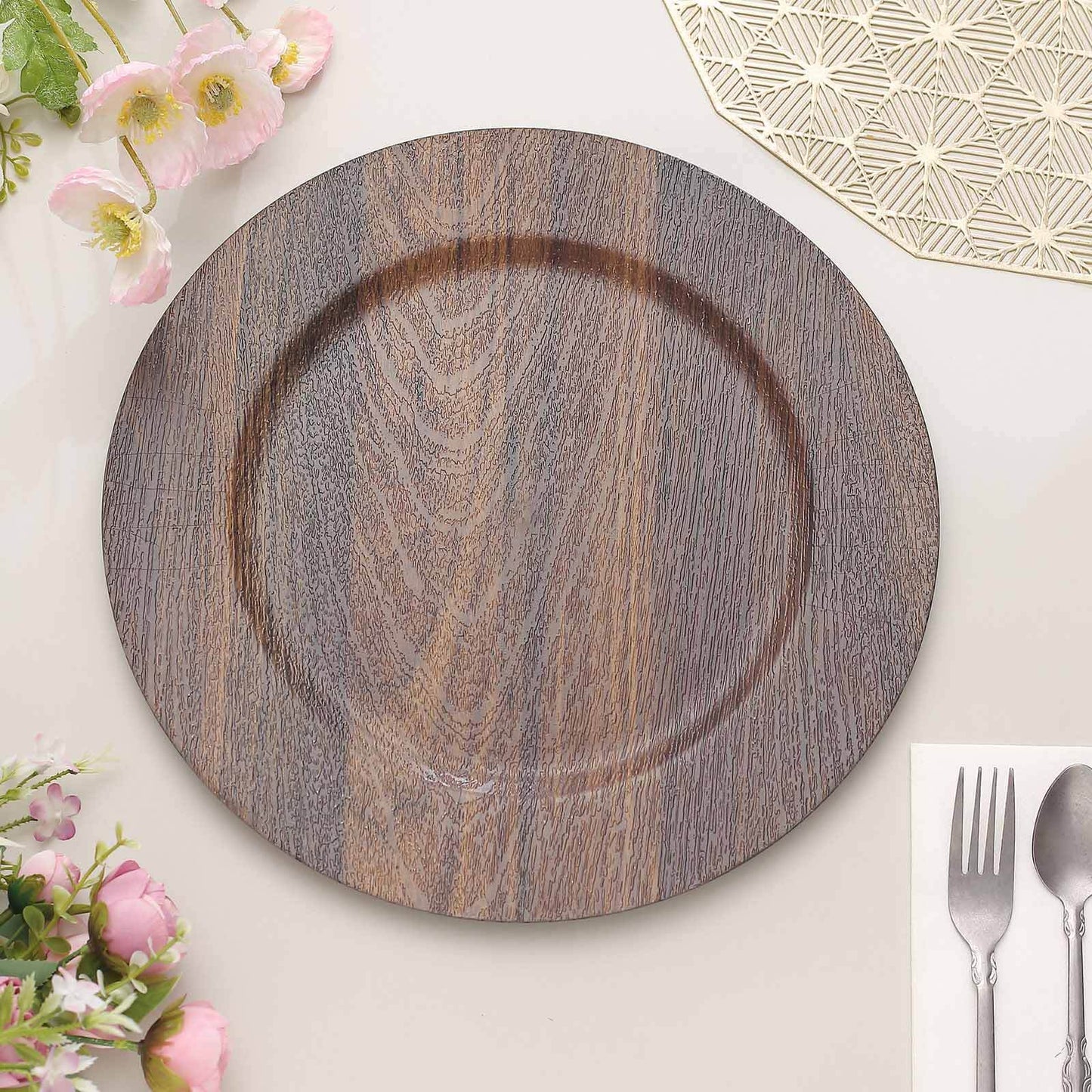 6 Pack 13" Dark Brown Rustic Faux Wood Plastic Charger Plates, Round Boho Chic Wedding Party Service Plates Pro Linens