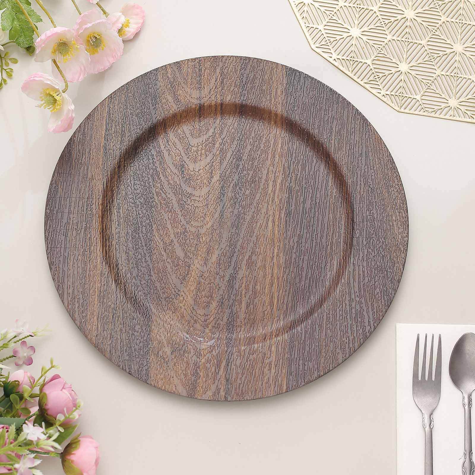 6 Pack 13" Dark Brown Rustic Faux Wood Plastic Charger Plates, Round Boho Chic Wedding Party Service Plates Pro Linens