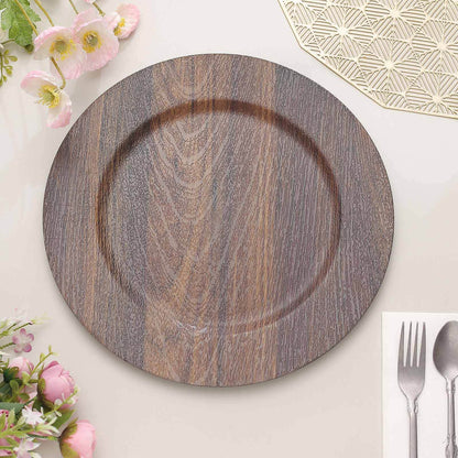 6 Pack 13" Dark Brown Rustic Faux Wood Plastic Charger Plates, Round Boho Chic Wedding Party Service Plates Pro Linens