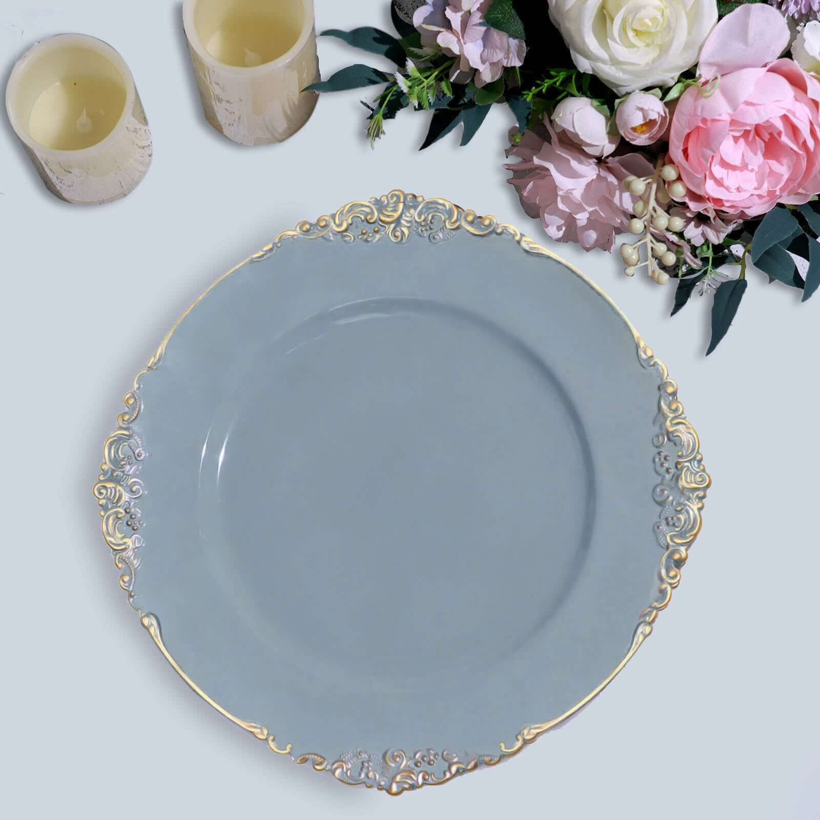 6 Pack 13" Dusty Blue Gold Embossed Baroque Round Charger Plates With Antique Design Rim Pro Linens