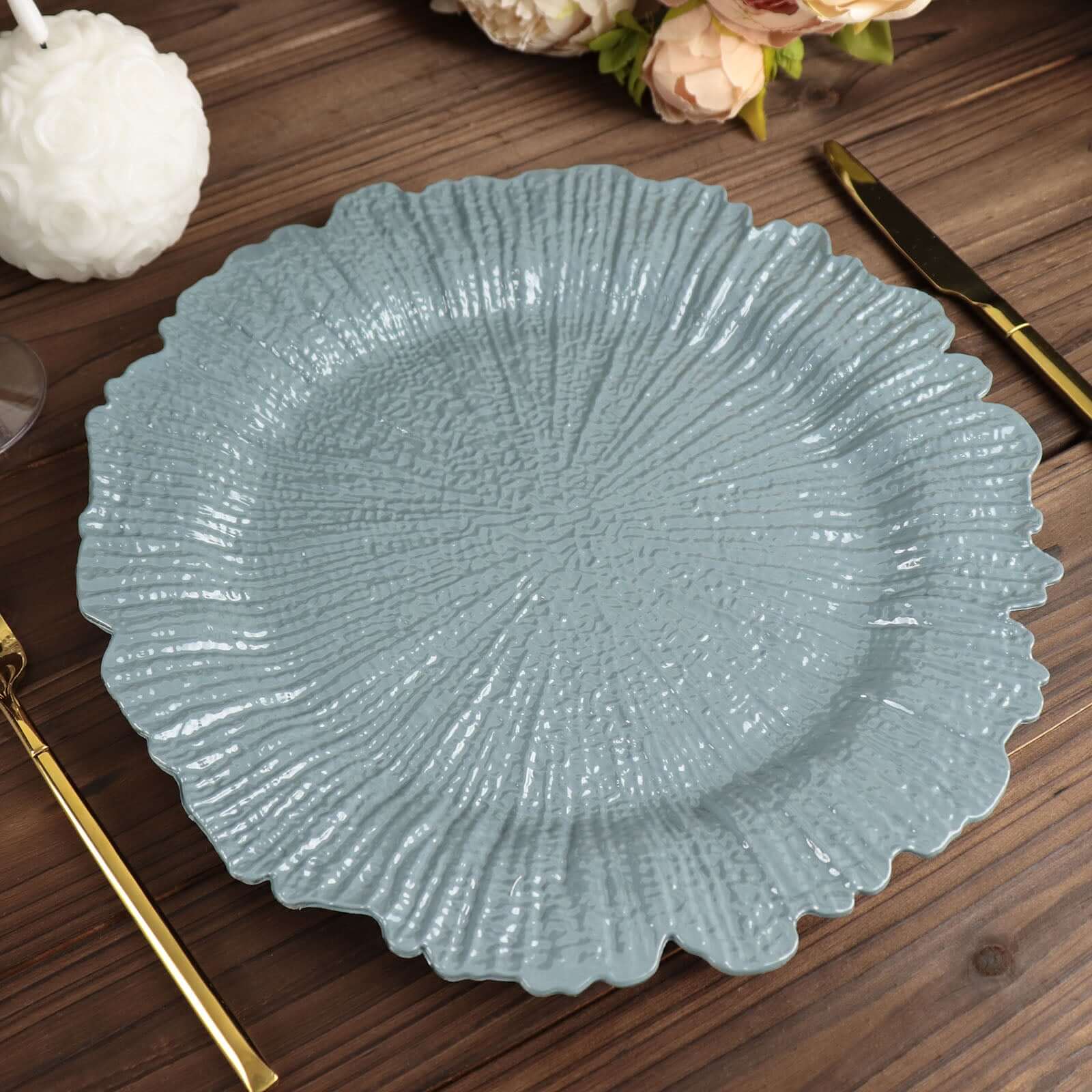 6 Pack 13" Dusty Blue Round Reef Acrylic Plastic Charger Plates, Dinner Charger Plates Pro Linens